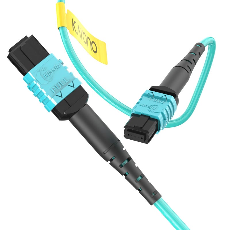 Karono 10ft/3M MPO to MPO Fiber Patch Cable, Nissin Japan Connectors, 8 Fibers OM3 Type B, Multi-Mode, QSFP+ & QSFP28 Transceiver Compatibility, MTP Compatible, LSZH Jacket, Aqua - Image 1